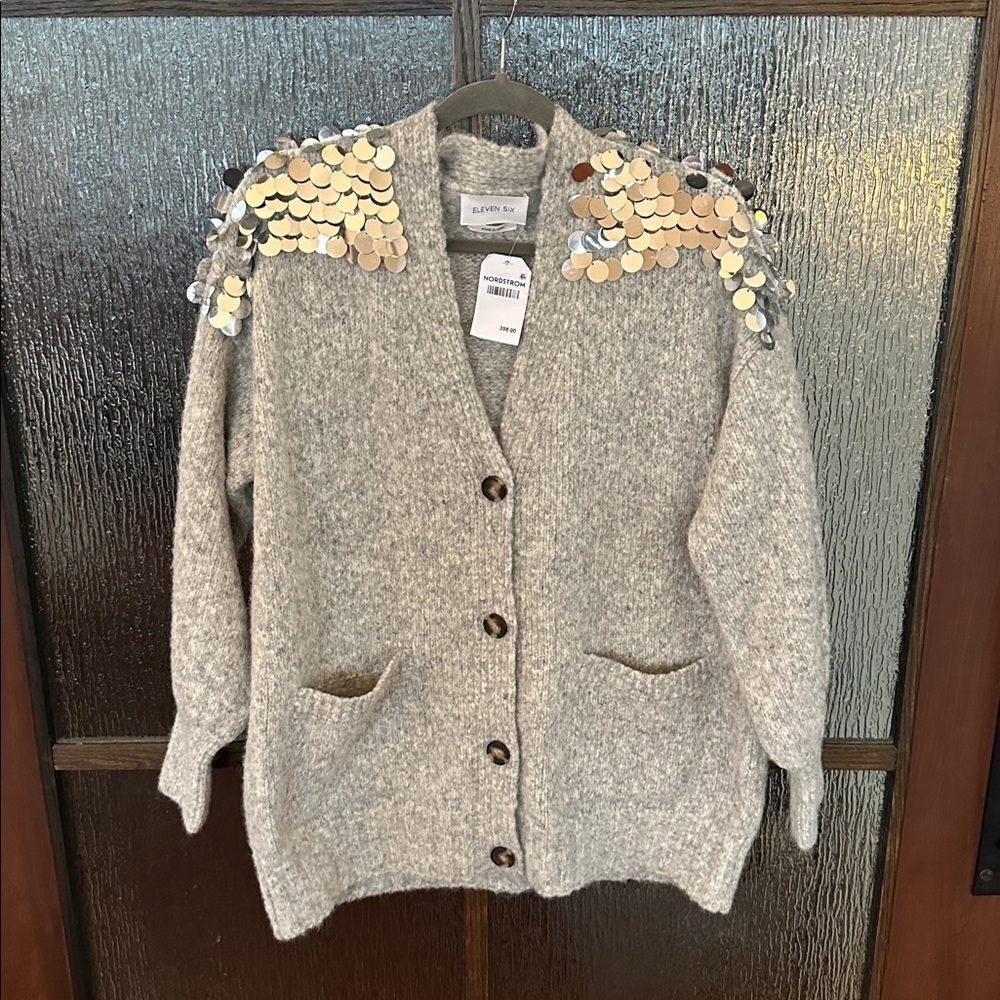Eleven Six
Cora Sequined Shoulder Cardigan gray front pocket size M/L. NWT. - Picture 6 of 12